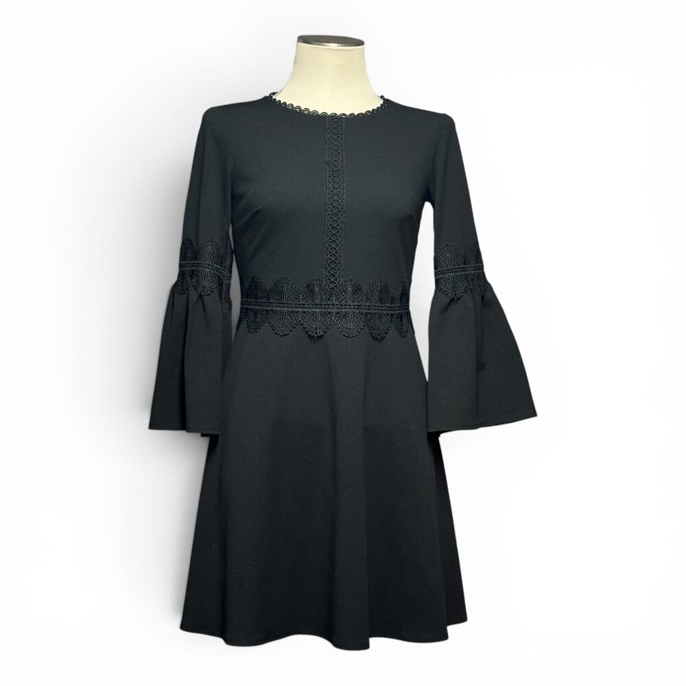 Banana Republic Lace Trim Bell Sleeve Fit and Flare Mini Dress Lace Black 2